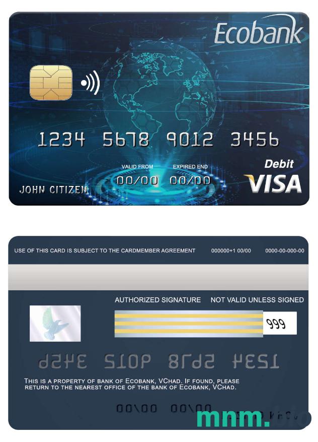 Chad Ecobank bank przykład karty visa w formacie PSD